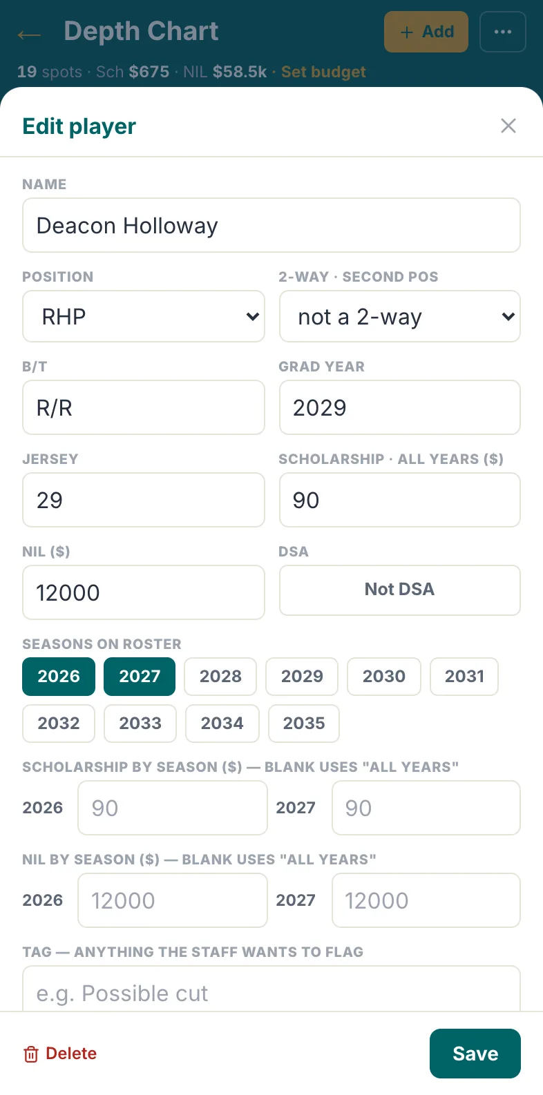 A player's depth chart sheet on an iPhone with scholarship and NIL fields, all years and by season