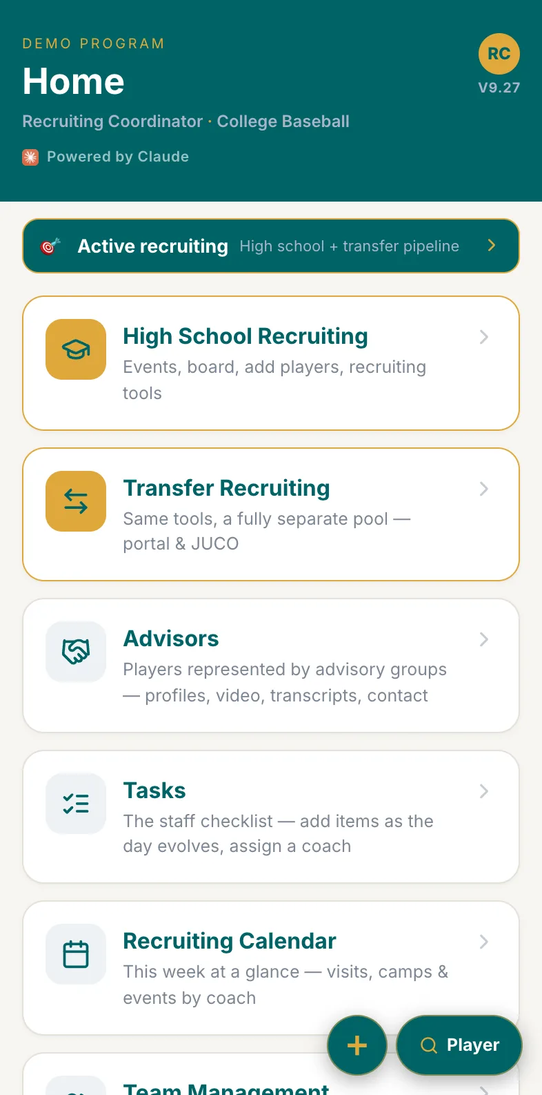 The app home screen: high school recruiting, transfer recruiting, tasks, calendar, team management