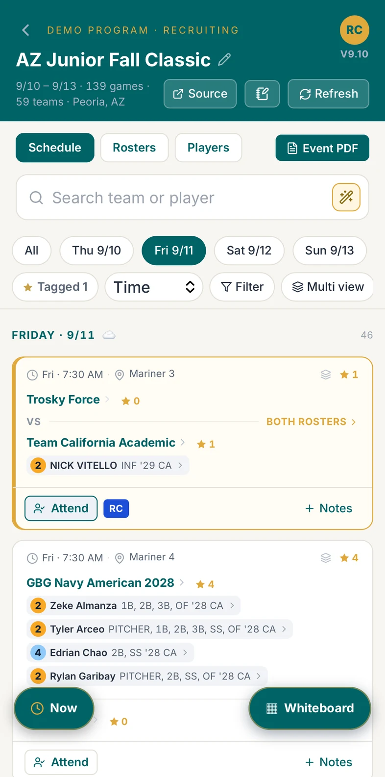 The live tournament schedule on an iPhone, with board players flagged on every game