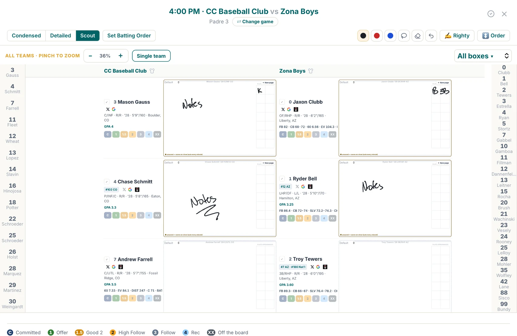 Scout view on an iPad: a handwriting pad open beside each player in the lineup
